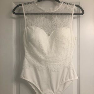 White Lace Bodysuit with Built-In Cups